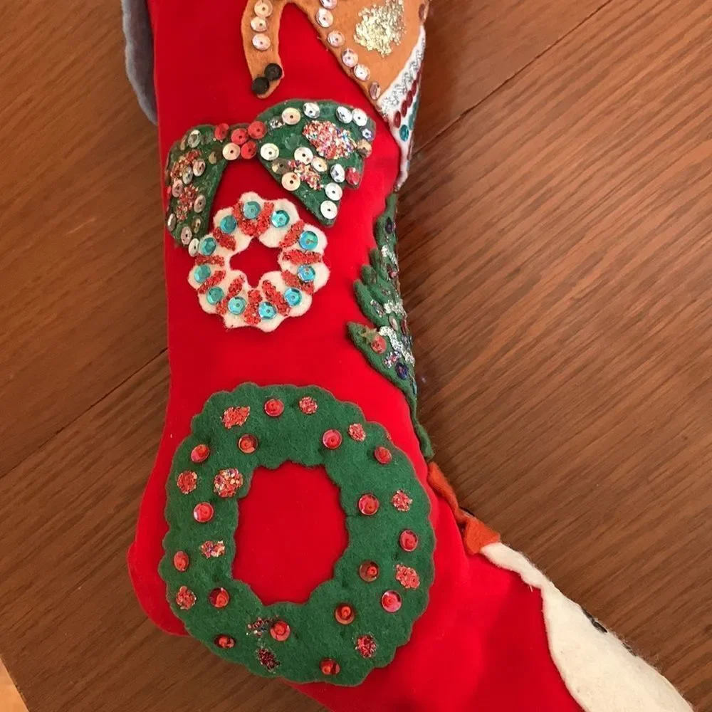 Vtg 60s large red felt hand decorated‎ Christmas stocking